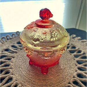 Vintage Jeanette Amberina Carnival Glass Footed Candy Bowl with Lid Grape Design
